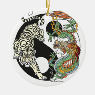 White tiger versus green dragon in the yin yang ceramic ornament