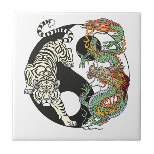 White tiger versus green dragon in the yin yang ceramic tile