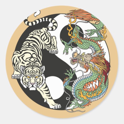 White tiger versus green dragon in the yin yang classic round sticker