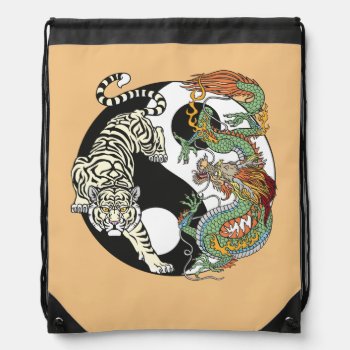 White Tiger Versus Green Dragon In The Yin Yang Drawstring Bag by insimalife at Zazzle