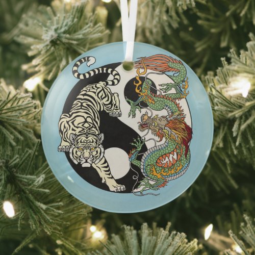White tiger versus green dragon in the yin yang gl glass ornament