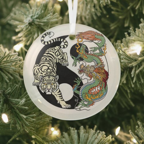 White tiger versus green dragon in the yin yang glass ornament