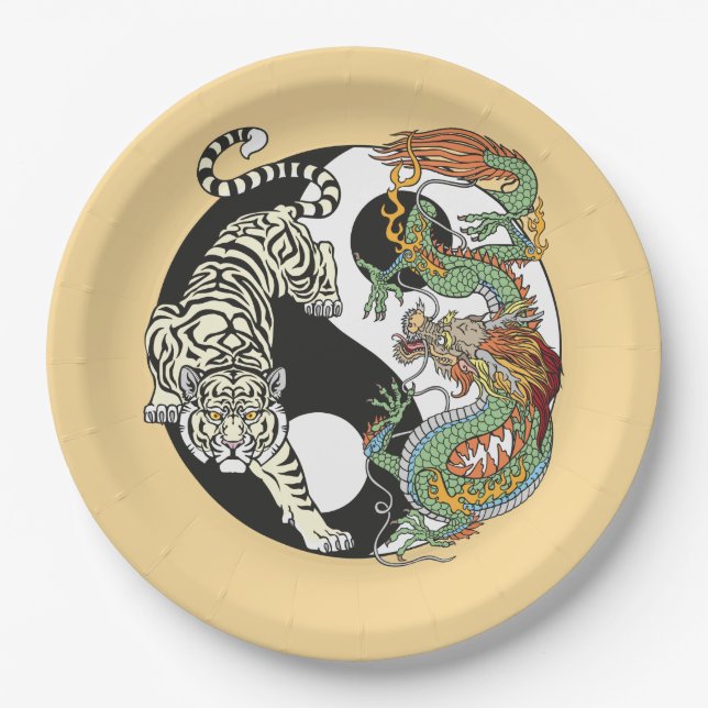 White tiger versus green dragon in the yin yang pa paper plates (Front)