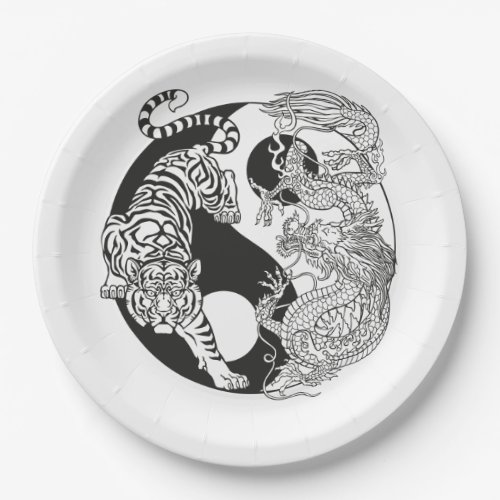 White tiger versus green dragon in the yin yang paper plates
