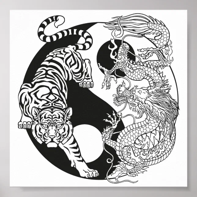 White tiger versus green dragon in the yin yang po poster | Zazzle