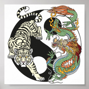 White tiger versus green dragon in the yin yang poster