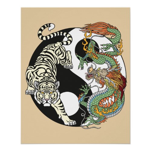 White tiger versus green dragon in the yin yang  poster