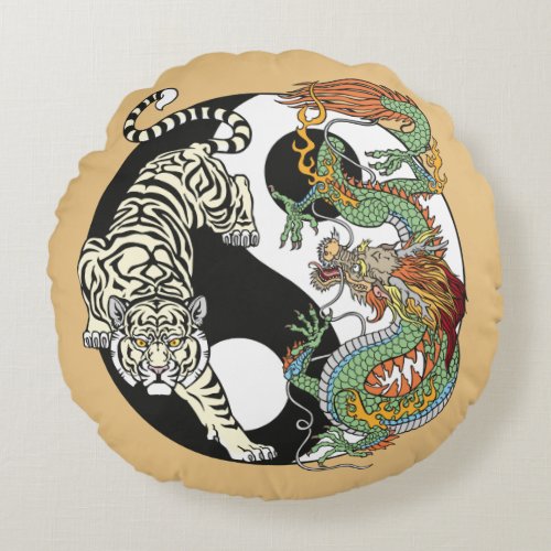 White tiger versus green dragon in the yin yang ro round pillow