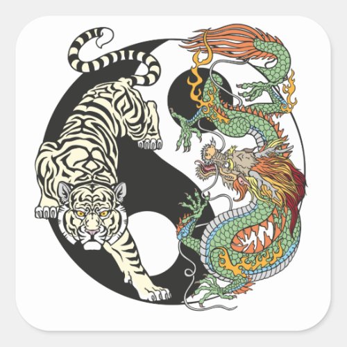 White tiger versus green dragon in the yin yang sq square sticker