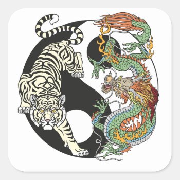 White Tiger Versus Green Dragon In The Yin Yang Square Sticker by insimalife at Zazzle