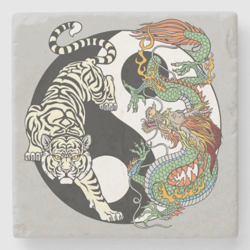 White tiger versus green dragon in the yin yang stone coaster