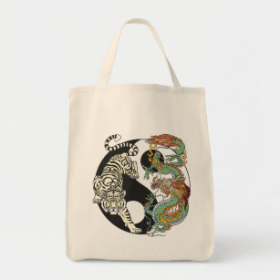 White tiger versus green dragon in the yin yang to tote bag