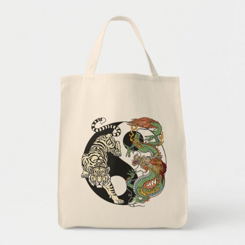 White tiger versus green dragon in the yin yang to tote bag