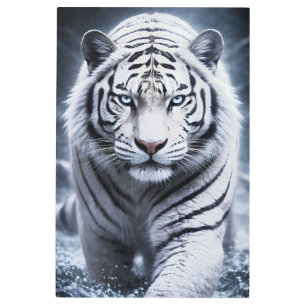 White Tiger Walking Forward Ice Blue Eyes Powerful Metal Print