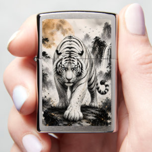 White Tiger Walking Through Misty Mountains   Ink  Zippo Lighter
