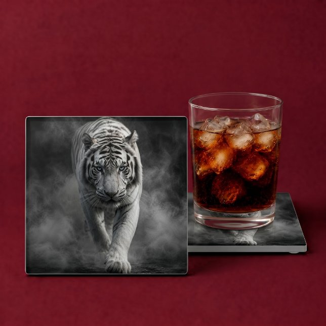 White Tiger Walking Through Smoke Glass Coaster (Creator Uploaded)