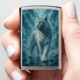 White Tiger Walking Under Full Moon Misty Forest Zippo Lighter