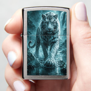 White Tiger Waterfall Fantasy Glowing Eyes Wall Ar Zippo Lighter