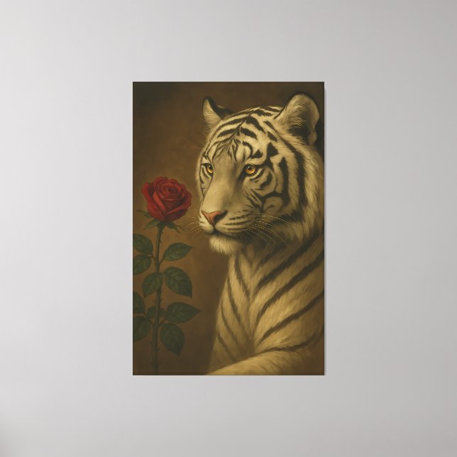 White Tiger with a Rose – Premium Portrait Fine Ar Canvas Print (Front)