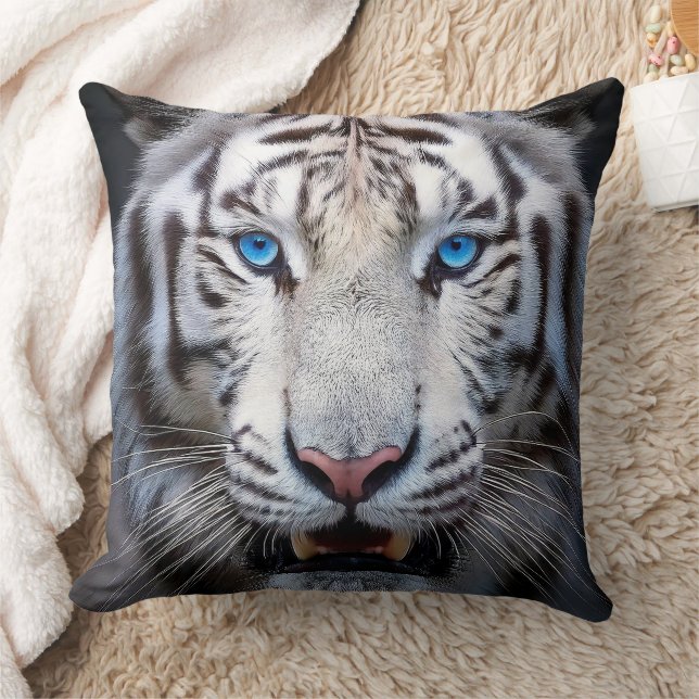 White Tiger with Blue Eyes Throw Pillow (Blanket)