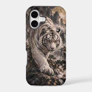 White Tiger with Full Moon and Snowy Mountains iPhone 17 Case