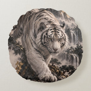 White Tiger with Full Moon and Snowy Mountains Round Pillow