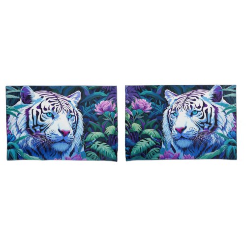 White Tiger with purple flowers Pillowcase