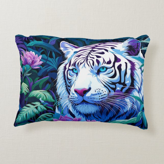 White Tiger with purple flowers Pillowcase Accent Pillow (Back)