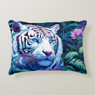 White Tiger with purple flowers Pillowcase Accent Pillow