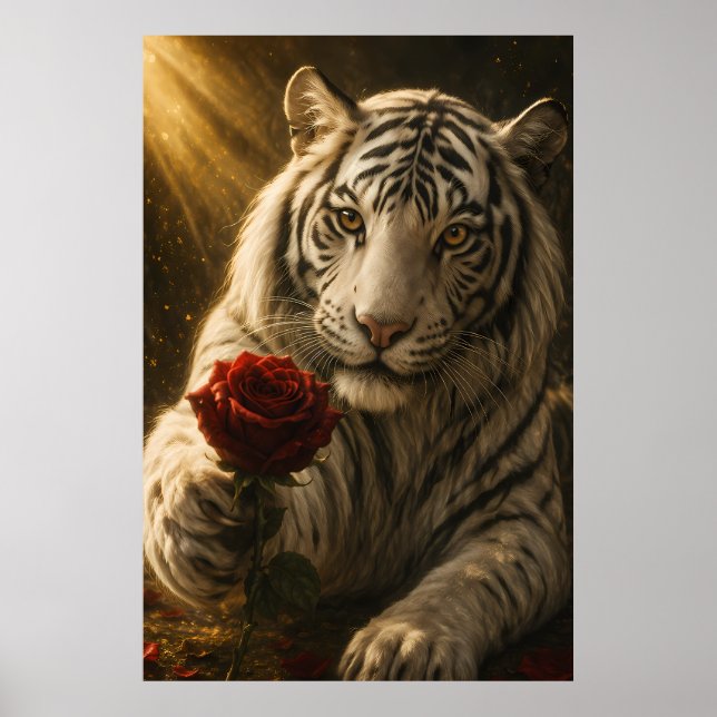 White Tiger with red Rose Under Moonlight – Roman Poster (Front)