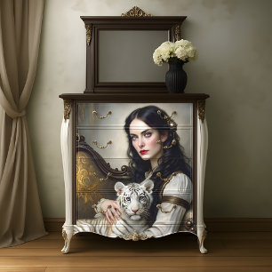 White Tiger Woman Elegant Fantasy Decoupage Tissue Paper