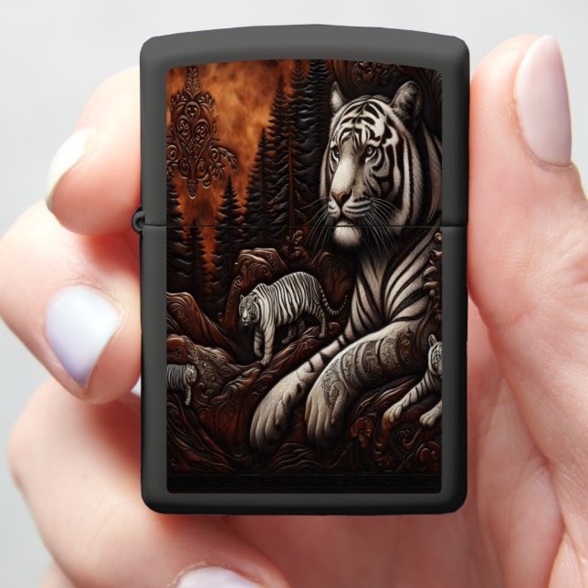 White Tigers in a Carved Forest Zippo Lighter (In Hand)