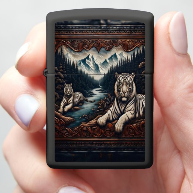 White Tigers in a Carved Frame Zippo Lighter (In Hand)
