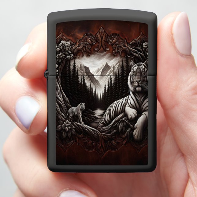 White Tigers in the Mountain Valley Zippo Lighter (In Hand)