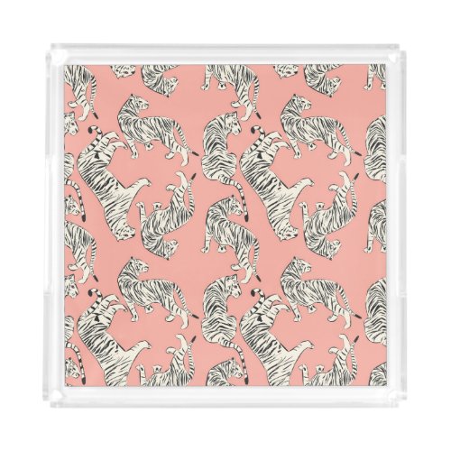 White Tigers Pink Exotic Pattern Acrylic Tray
