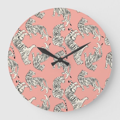 White Tigers Pink Exotic Pattern Large Clock