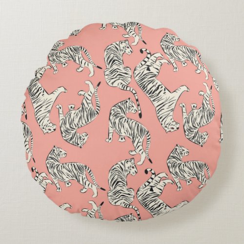 White Tigers Pink Exotic Pattern Round Pillow