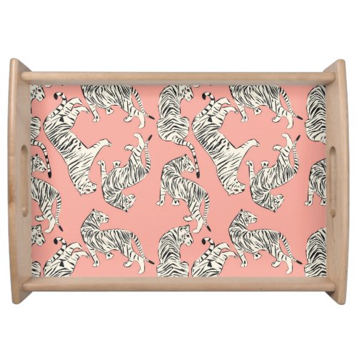 White Tigers Pink Exotic Pattern Serving Tray