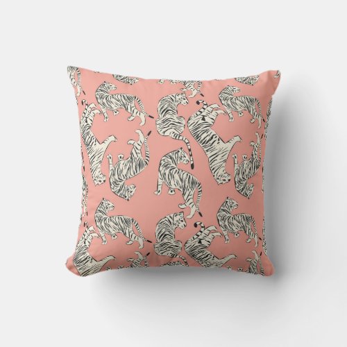 White Tigers Pink Exotic Pattern Throw Pillow