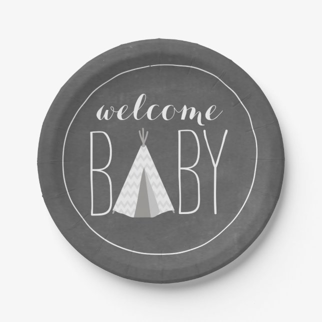 White Tipi Baby Shower - Chalk Inspired Paper Plates (Front)
