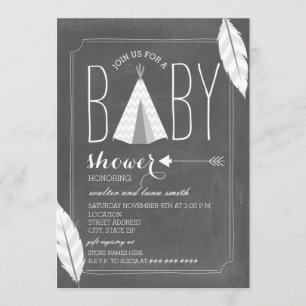 White Tipi + Feathers Baby Shower Invitation