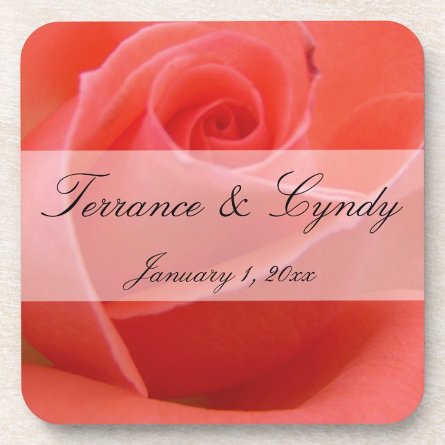 White Tipped Pink Rose Personal Wedding Beverage Coaster (Front)