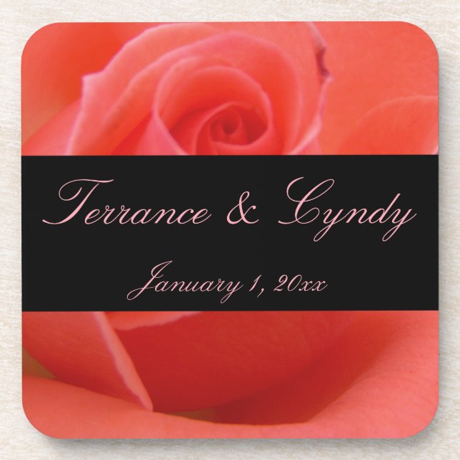 White Tipped Pink Rose Personal Wedding Drink Coaster (Front)