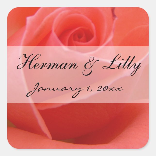 White Tipped Pink Rose Personalized Wedding Square Sticker (Front)