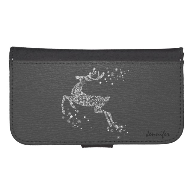 White Tones Floral Flying Reindeer Samsung Galaxy Wallet Case (Front (Horizontal))