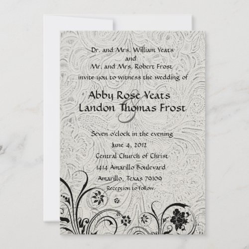 White Tooled Leather and Black Lace Wedding Invitation