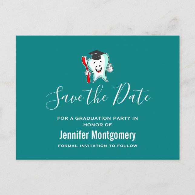 White Tooth wearing Graduation Cap Save the Date Invitation Postcard (Front)
