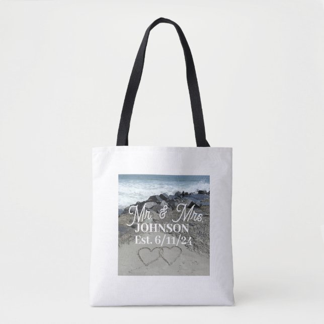 White Tote Bag - Two Hearts In The Sand (Front)