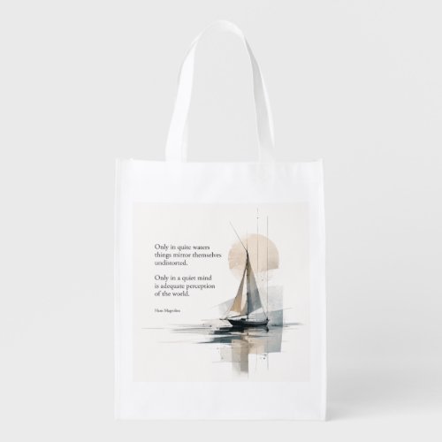 White Tote Bag with Abstract Boat and Inspirationa