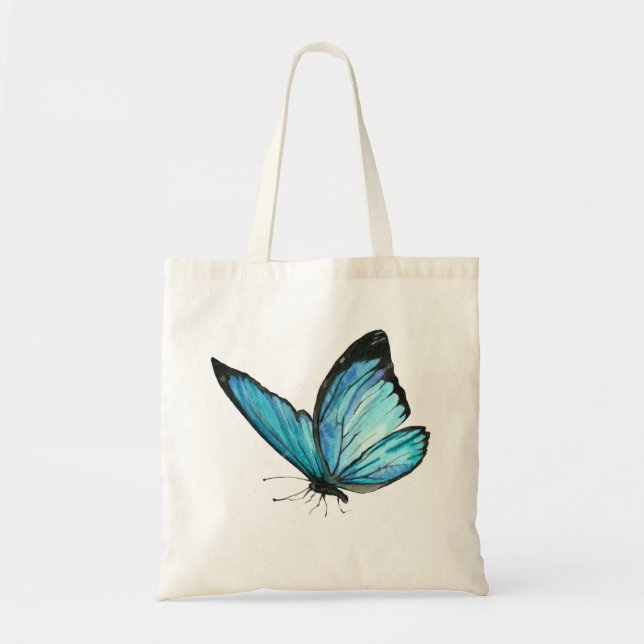 White Tote Bag with Blue Butterfly & Blue Flowe (Front)
